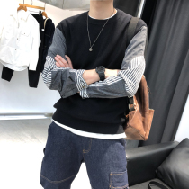 2021 spring new mens fashion stitching round neck thin slim sweater sweater top business casual tide quality