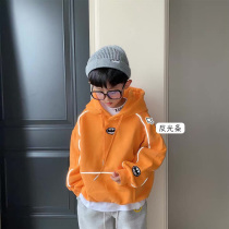 Boys sweater 2021 Spring and Autumn new childrens clothing middle boy plus velvet hooded jacket childrens tide