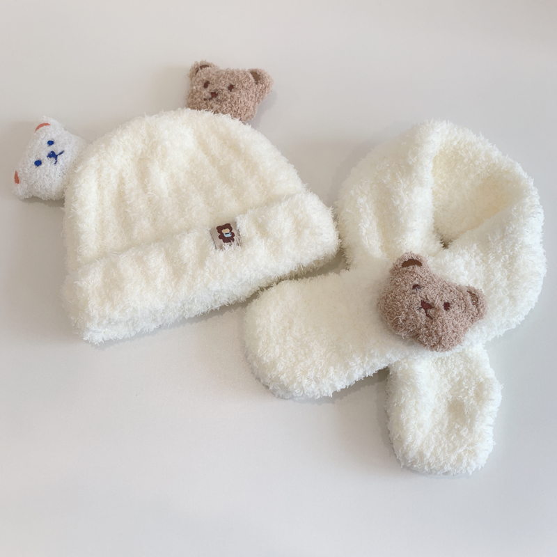 小熊毛绒婴儿帽子秋冬季宝宝帽围巾一体两件套儿童保暖护耳帽超萌