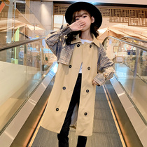 Girl coat 2021 autumn new fashionable British style long windbreaker childrens dress waist plaid top tide