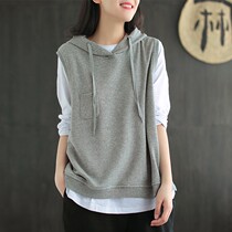 Hooded sleeveless vest womens 2021 spring and autumn new loose casual retro sweater pullover age-reducing western style top