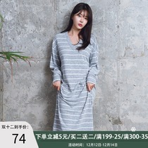 Nightdress Womens Spring and Autumn long sleeve stripes Korean version of cotton cute large size winter sexy pajamas fat MM knee home clothes