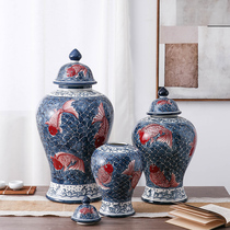 Hand-painted red fish blue and white porcelain general jar ceramic vase ornament large new Chinese style living room housewarming home decorations