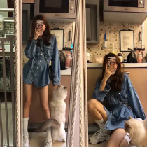  Sandro Moscoloni denim dress female 2021 autumn new niche retro waist thin short skirt