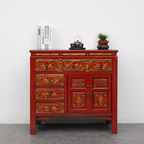 Period of the Republic of China Carved Flowers Sketch Old Desk Tea Water Cabinet Dining Side Cabinet Storage Containing Cabinet Home Furniture Old Objects Collection