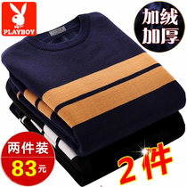 Playboy mens sweater plus velvet padded new mens round neck winter warm knitted cardigan