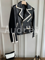 21-year-old New Fall Black white lapel collar jacket short slim slimming zipper locomotive leather coat female