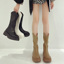 Fashion Tribe Middle Cylinder Short Boots Woman 2021 Autumn Winter New Cavet Single boot thick bottom 100 lap Inn Wind Martin boots