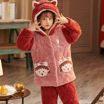 Childrens pajamas winter flannel thickened three-layer cotton warm girl coral velvet hooded home suit suit