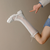 Thick Bottom Mesh Boots Woman Genuine Leather Breathable Mesh Surface Martin Boots White Summer Long Boots Fashion Mesh Yarn High Boots Big Code Cool Boots