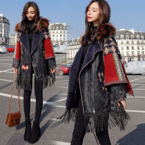 2021 new womens winter long woolen coat female raccoon fur collar stitching tassel cloak woolen coat
