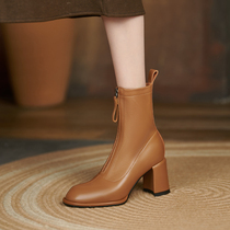 Hong Kong leather coarse heel boots children Winter plus velvet 2021 New thin high heel boots fashion zipper Martin boots