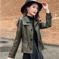 2021 Spring and Autumn Korean version of Haining PU leather jacket women short leather jacket casual loose fashion small coat waist epaulettes