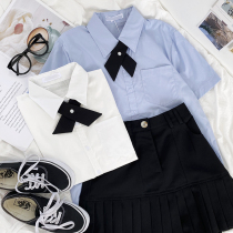 RENA Japanese college style girly summer cotton lapel breasted loose thin short-sleeved white shirt with bow tie