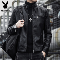 Playboy leather mens tide spring and autumn thin slim slim Korean version of stand collar casual jacket mens motorcycle leather jacket