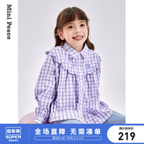 minipeace Taiping bird children Girl Purple Gust Shirt Spring New National Wind Lace Embroidered Shirt