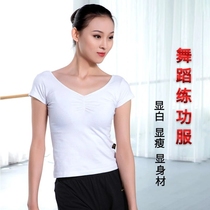 Red dance shoes Dance suit top womens summer thin cotton short-sleeved practice suit Square dance half-sleeve dance suit white body suit