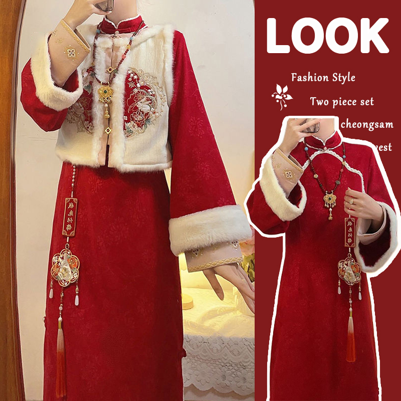 新しい中国風の女性の中国風の改善されたチャイナドレス韓服冬乾杯スーツ赤いドレスベストスーツ秋と冬