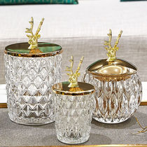 Simple European Style American Gold Deer Head Decorative Storage Jar Embossed Crystal Glass Cotton Swab Toothpick Candy Jar