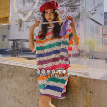 soft honeys home conserved 2022 summer new cute cartoon vini rainbow striped sleeping dress pure cotton pyjamas