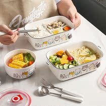 Ceramic grid lunch box Microwave oven heating office worker with cover cute cartoon student fresh bowl round lunch box