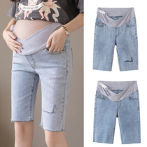 Summer pregnant womens jeans wear low-rise five-point pants outside womens fashion slim-fit adjustable hole burr pregnant womens pants