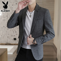 Playboy plaid suit mens autumn and winter woolen single western coat Korean slim casual suit man