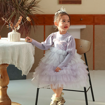 Girl Knit Mesh Dress Princess Wind Cake Dress 2022 Autumn Winter Clothing Childrens Bubble Sleeve Sweater Fake two-piece dress