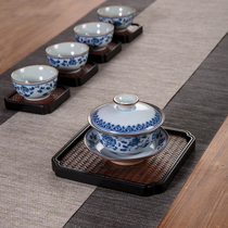 Gaiwan Single Kung Fu tea set Individual three-cai bowl Tea cup Ceramic retro coarse pottery anti-scalding blue and white porcelain tea bowl