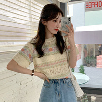 Retro ice silk knitted sweater Women summer 2021 New Age reduction loose hollow temperament Joker T-shirt short sleeve top