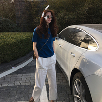 Korean white jeans womens summer new retro high waist thin casual nine-point pants loose straight wide leg pants
