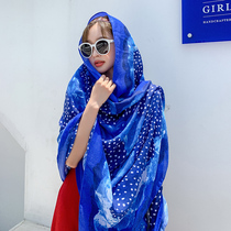  Blue ethnic style sunscreen shawl womens summer thin silk scarf Yunnan Xinjiang tourism seaside beach gauze all-match