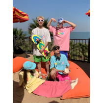 EAHO American vintage colored letter logo printed short sleeve all-sleeved couple casual loose round-collar T-shirt coat