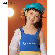 SASAKIDS custom cool printed vest wooden ear edge small shirt daughter children summer casual letter camisole