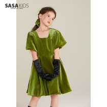 SASAKIDS custom velvet party catwalk evening dress girls winter crystal bubble sleeve dress send Hairband
