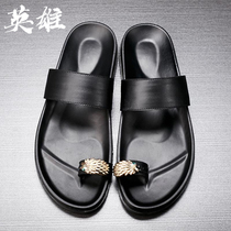 European Station Black Personality Trendy Bull Leather Slippers Male Brief Cool Slippers Men Genuine Leather Casual Fashion Tug