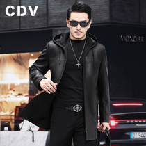 Goat deer pattern leather 2021 autumn new Haining leather leather mens medium and long leather windbreaker coat hooded jacket