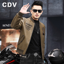 Oil wax Haining leather leather men mens sheep leather baseball riding locomotive clothing leather jacket thin casual short jacket