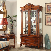 American solid wood wine cabinet carved decorative cabinet two door glass door locker European style vintage living room single door display cabinet