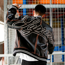 Imported first layer cowhide leather jacket mens leather short jacket Tide brand SUP embroidery large size loose baseball jacket jacket
