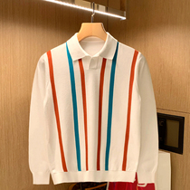 Korean simple autumn vertical stripe color lapel collar sweater Italian elegant temperament fashion knitted polo shirt men
