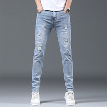 Jeans Mens summer slim fit Hole Elastic Body small footed pants light color Chauffes Youth washed jeans Long pants
