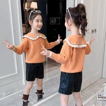 Girls Sweater 2021 New Spring and Autumn Dress for Children Pullover Solid Color Lace Collar Fashion base shirt
