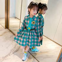 Girls spring dress new 2021 childrens foreign style Korean version of the child waist Plaid long sleeve Net red skirt