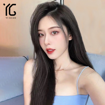 Lace eight-character bangs black long straight wig female summer hair full head cover type real hair silk simulation natural wig set