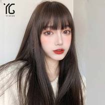 Wig female summer simulation long hair natural full head real hair silk comics bangs black long straight lace needle wig set