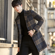 Fugui bird winter cashmere coat men long thick thick English Plaid Korean wool woolen trench coat coat