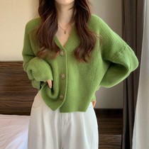 Loose Short-style sweater womens spring thickened jacket 2022 new blouses Korean teas-lazy wind V collar knit cardiovert