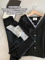 (Mermaid Princess) French lace stitching silk crystal buckle shirt collar trousers pajamas set