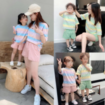 2021 Korean summer dress new loose stripe T-shirt shorts foreign-style parent-child mother and female two-piece set tide